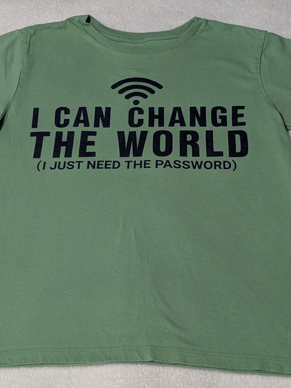 Boys Funny Graphic T-Shirt - "I Can Change The World" Sage Green Size M 7/8